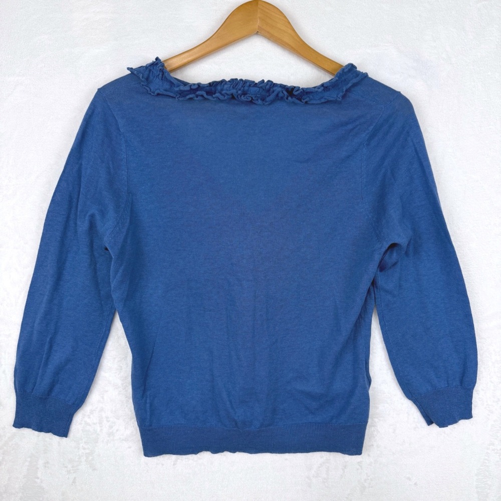 Ann‎ Taylor LOFT Blue Linen Cotton Ruffle Trim 3/4 Sleeve Cardigan Sweater L NEW - Picture 4 of 10